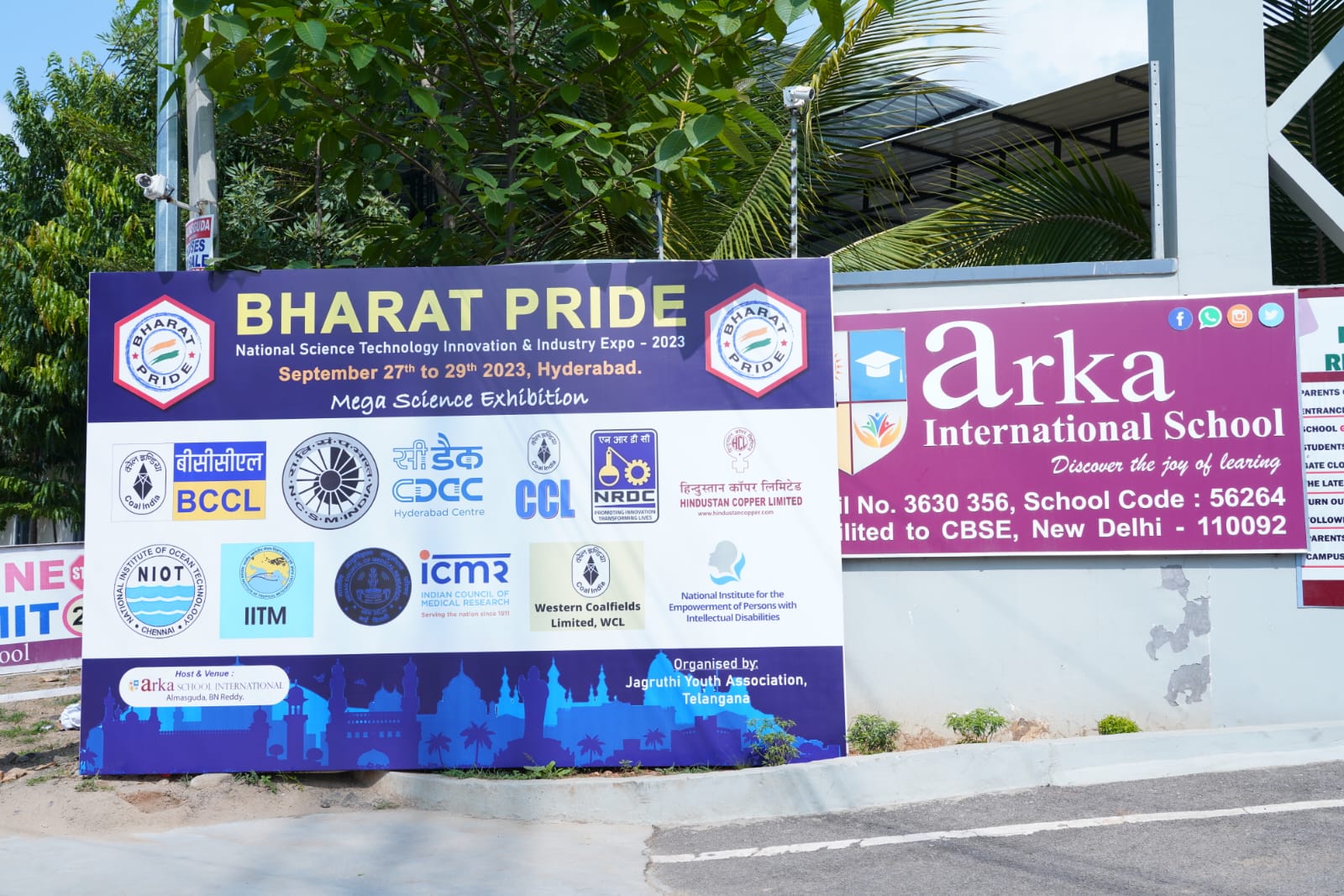 Bharat Pride event signage outside Arka International School
